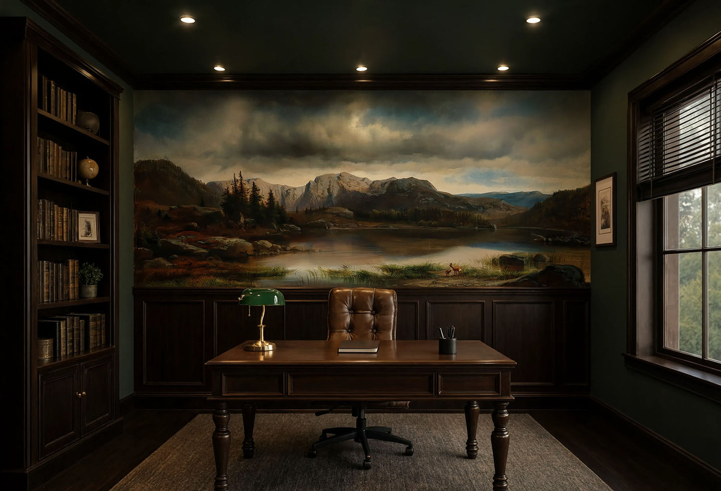 19th-century fine art landscape wallpaper mural installed in a dark academia home library with charcoal walls.