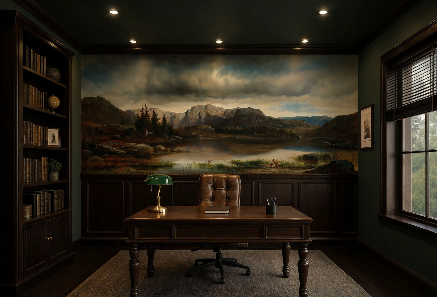 19th-century fine art landscape wallpaper mural installed in a dark academia home library with charcoal walls.