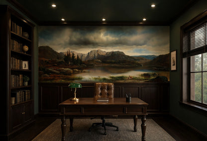 19th-century fine art landscape wallpaper mural installed in a dark academia home library with charcoal walls.