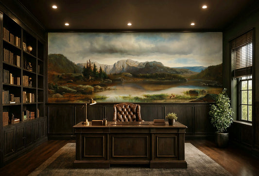 Moody alpine mountain lake wall mural featuring dramatic dusk clouds, pine trees, and calm reflections above dark wainscoting.