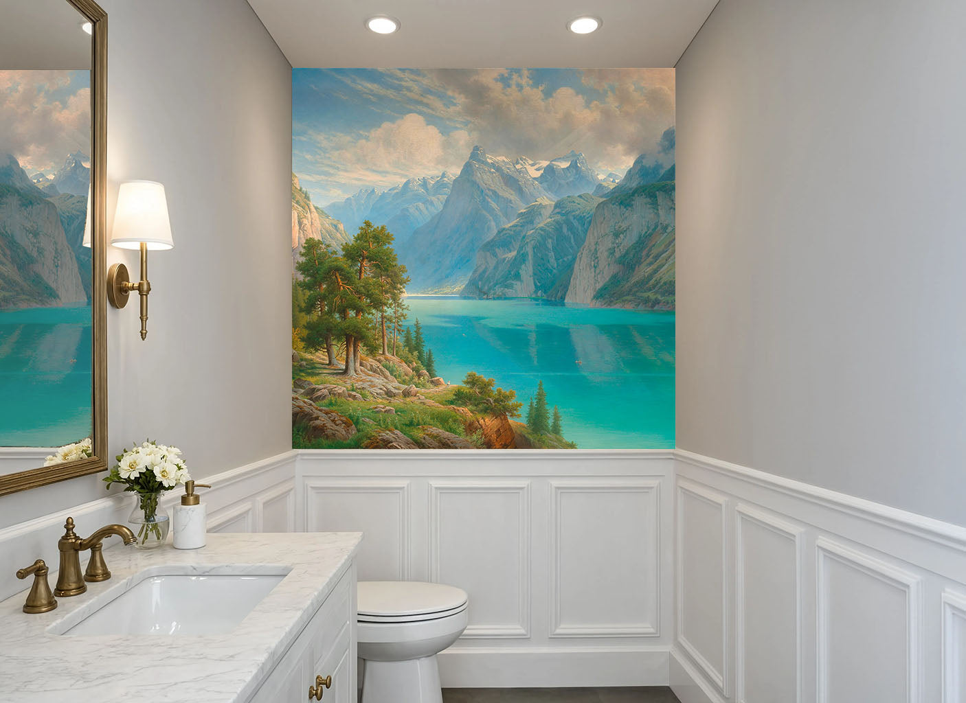 Panoramic alpine lake landscape wall mural featuring turquoise waters, towering majestic mountains, and pine trees.