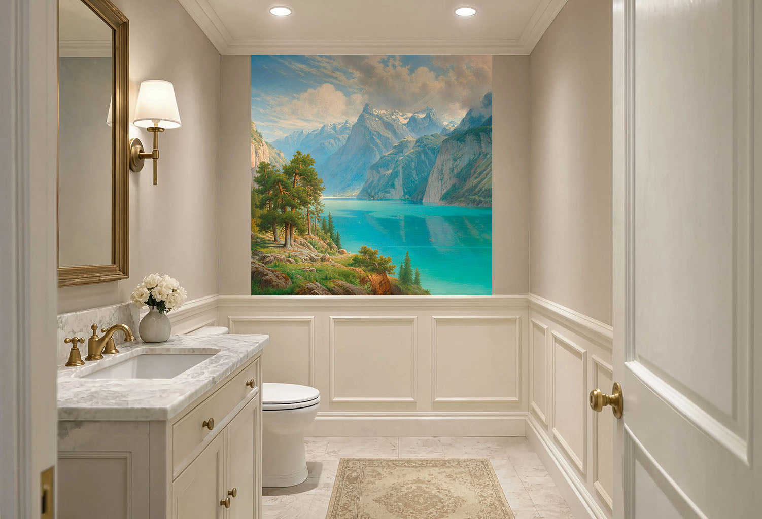Classic 19th-century artwork wallpaper mural displaying a sunny mountain fjord view for living room accent wall.