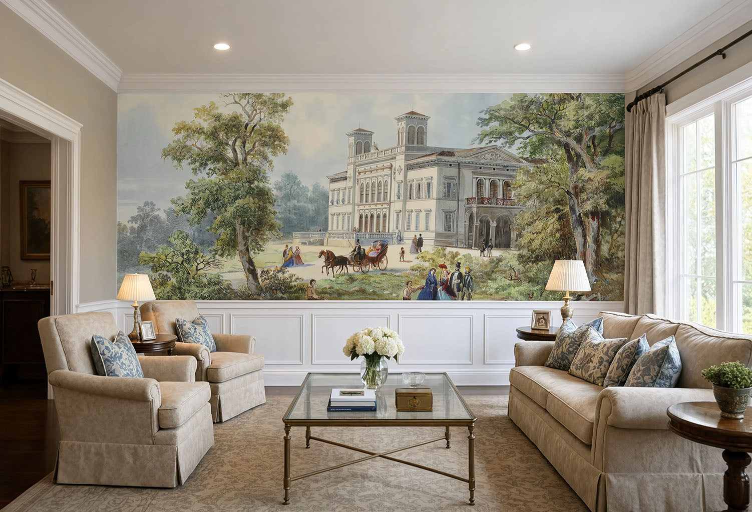 Classic 19th-century landscape painting featuring a historic chateau with horse carriage and park.