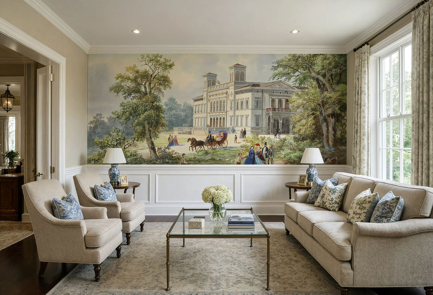 Traditional non woven vinyl wall mural with antique mansion landscape for home office.