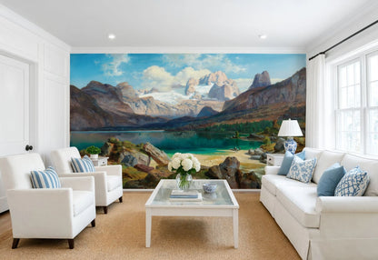 Panoramic Alpine Lake Wall Decor featuring majestic snow-capped peaks and clear turquoise water