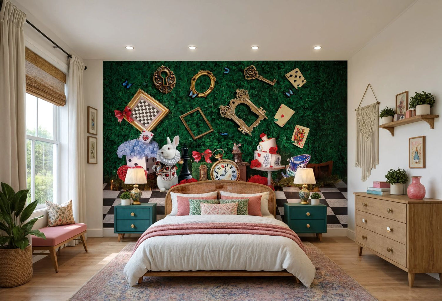 A whimsical bedroom featuring a large green wall mural with a Mad Tea Party theme, including teacups, rabbit characters, and vintage frame decorations. The room is styled with a wooden bed, teal nightstands, a wooden dresser, and various decorative accents.
