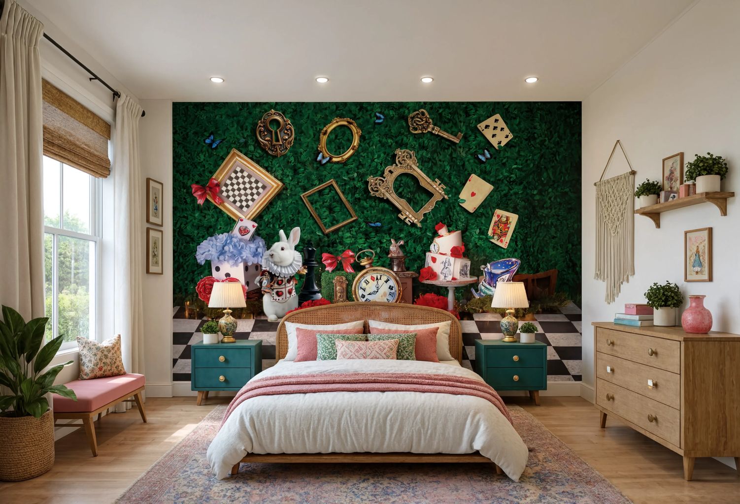 A whimsical bedroom featuring a large green wall mural with a Mad Tea Party theme, including teacups, rabbit characters, and vintage frame decorations. The room is styled with a wooden bed, teal nightstands, a wooden dresser, and various decorative accents.