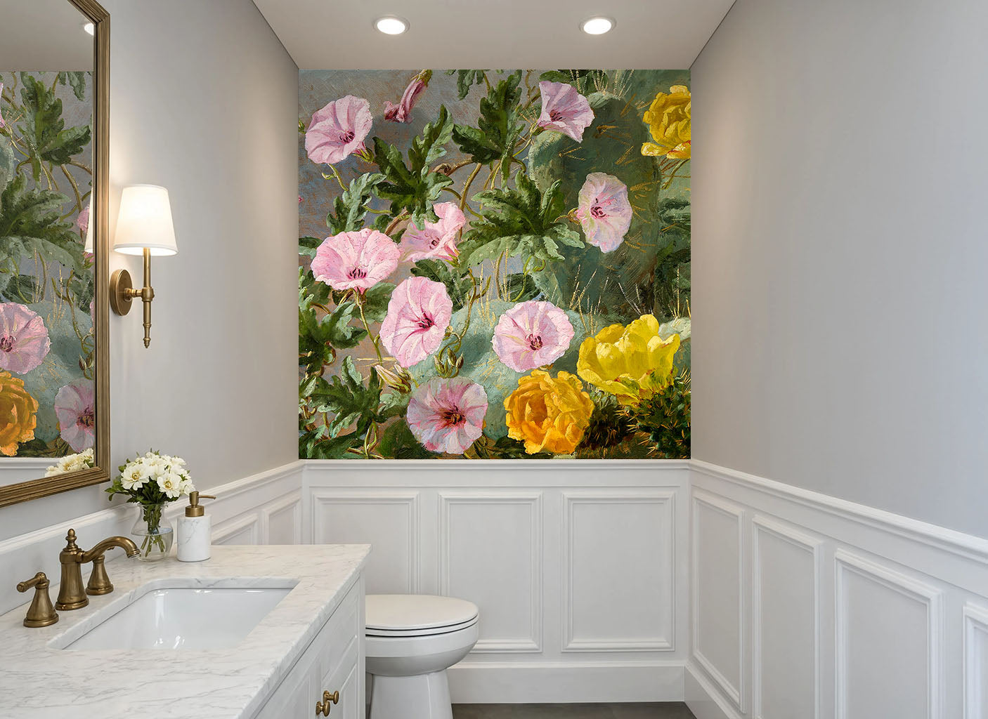 60x60 Vintage Cactus Floral Wallpaper installed above wainscoting in a powder room