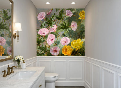 60x60 Vintage Cactus Floral Wallpaper installed above wainscoting in a powder room