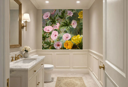 Botanical Powder Room Wall Mural with pink morning glories and yellow cactus blossoms