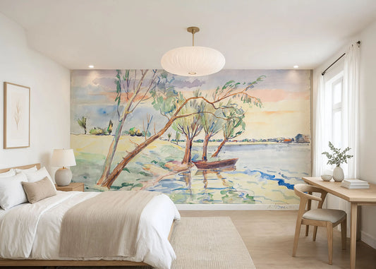 A classical watercolor landscape wall mural by Anton Peschka featuring sunlit willow trees on a grassy shore next to a wooden rowboat on calm water.