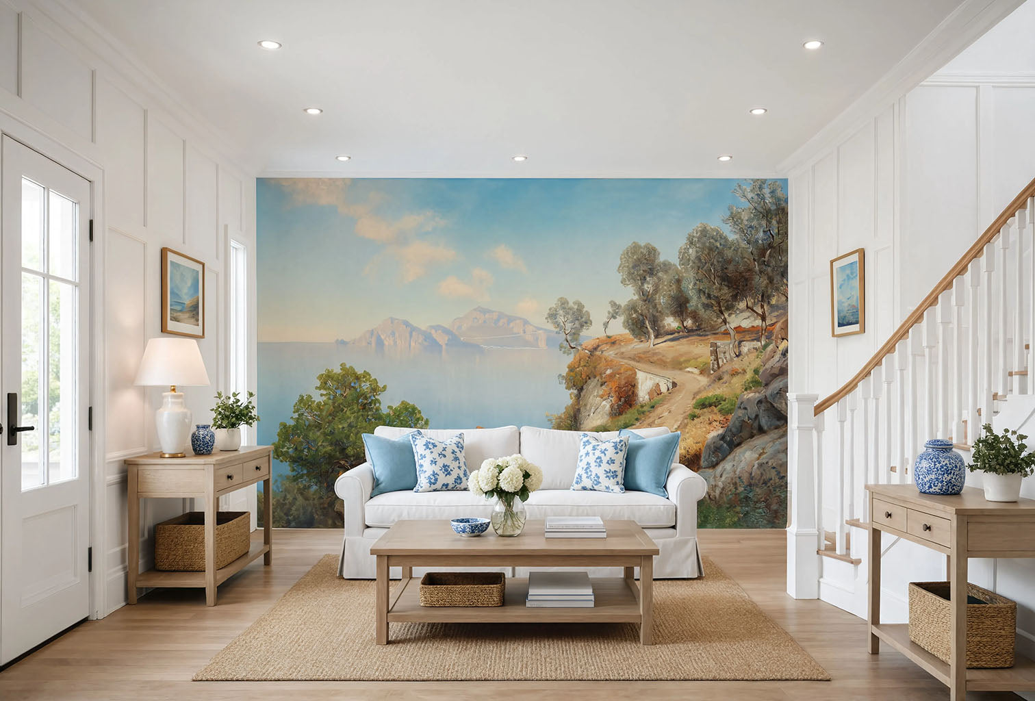 Vintage Italian Coast Wall Mural with coastal path and olive trees