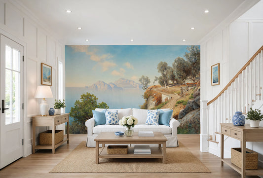 Vintage Italian Coast Wall Mural with coastal path and olive trees