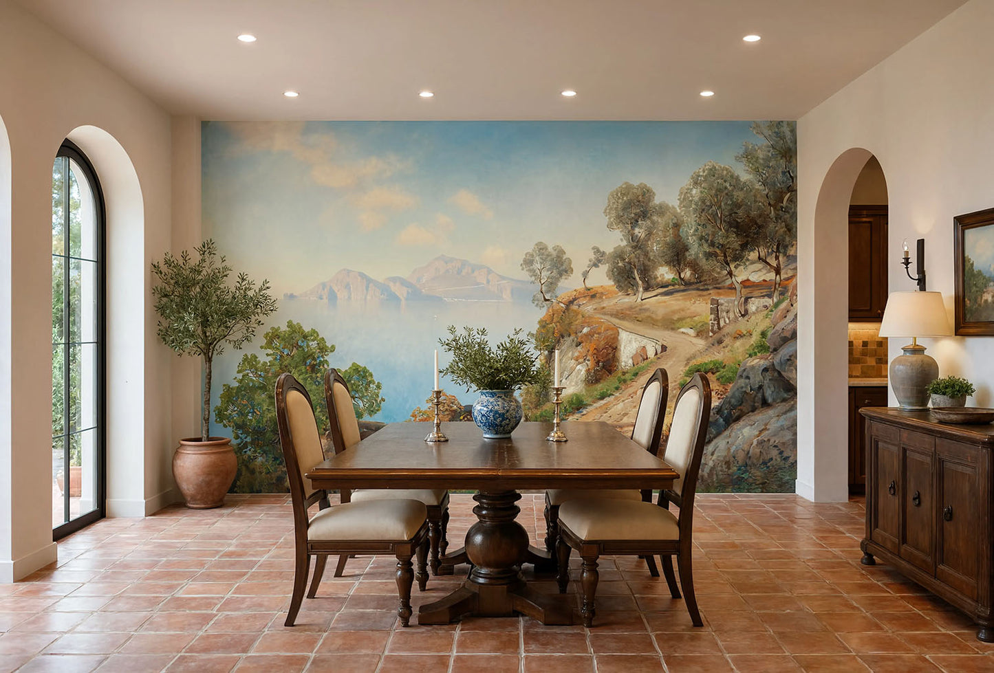 Mediterranean Coastal Landscape Wallpaper printed on self adhesive peel and stick vinyl