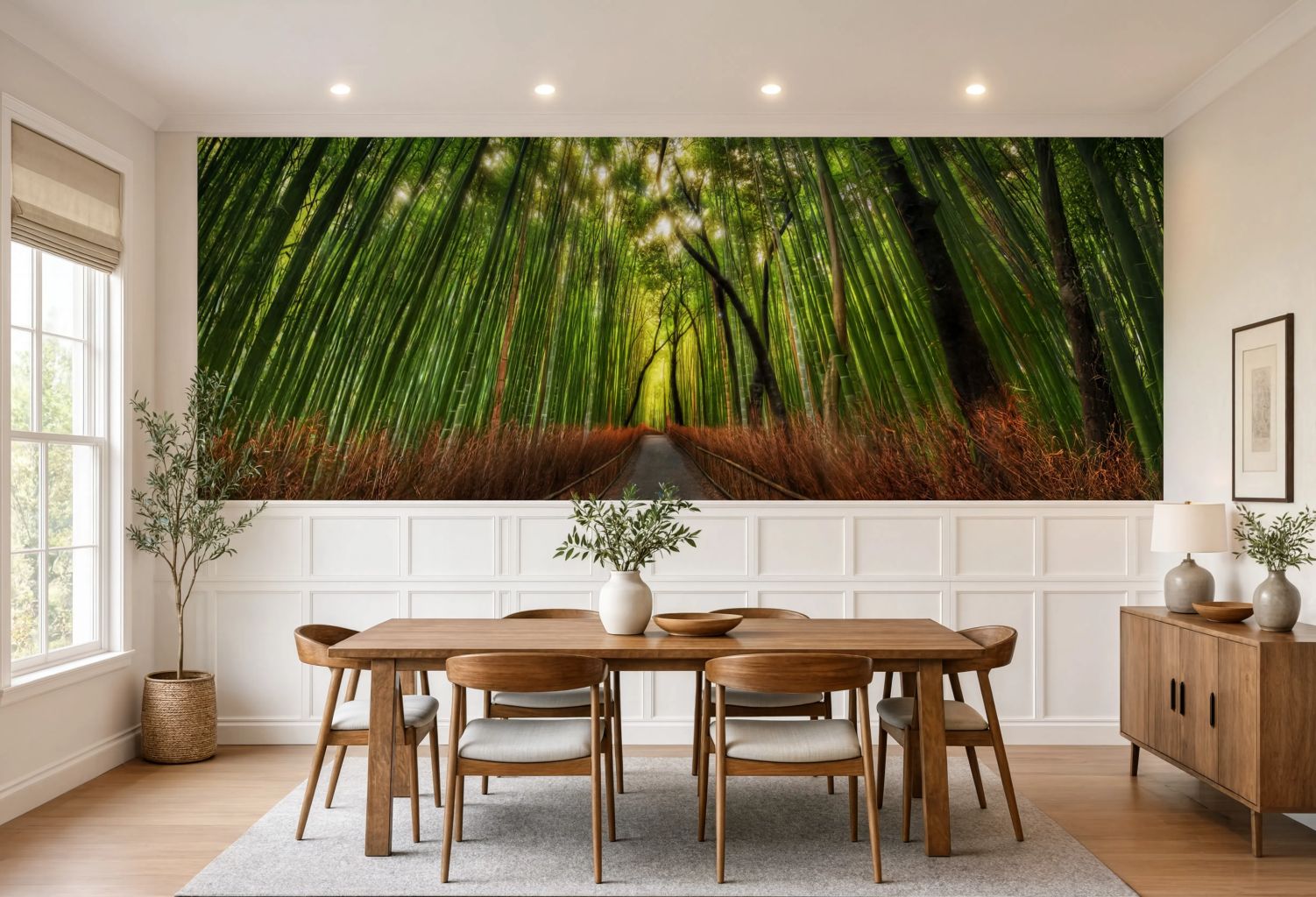 Lush green jungle wallpaper featuring tall vertical bamboo stalks and a pathway.