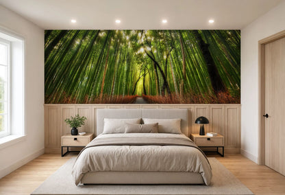 Lush green jungle wallpaper featuring tall vertical bamboo stalks and a pathway.