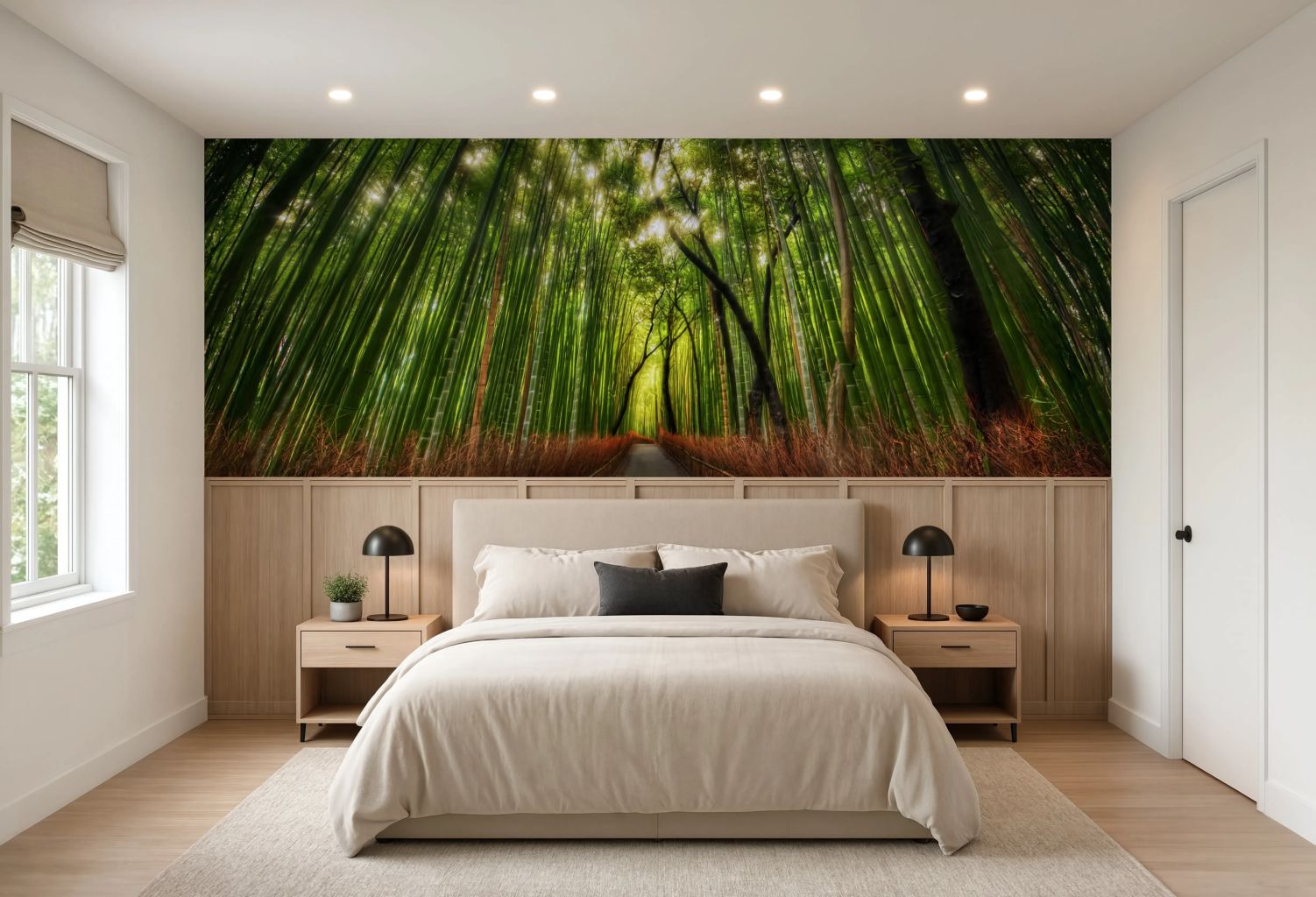 A modern bedroom featuring a large wall mural of a lush green bamboo forest above a bed.
