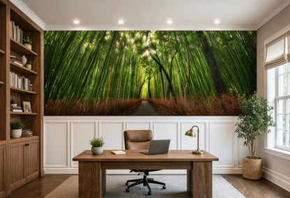 Scenic bamboo forest wall mural installed in a bright modern organic home office