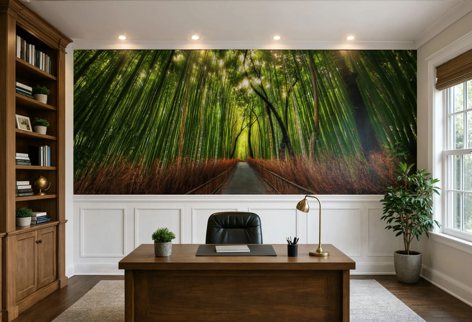 Panoramic nature wall mural designed for serene home office interiors.