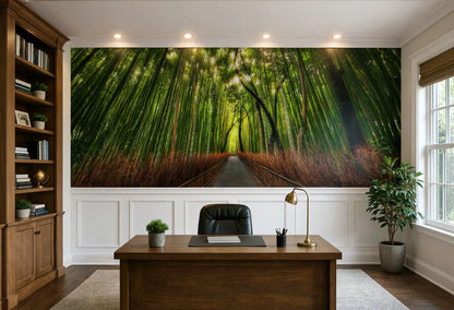 Panoramic nature wall mural designed for serene home office interiors.
