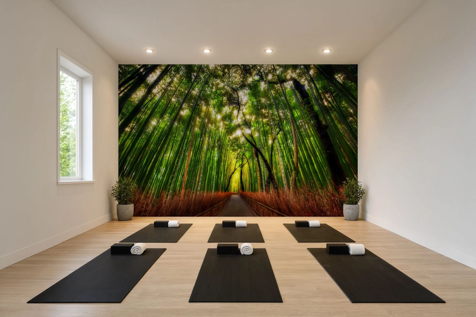A minimalist yoga room with a large wall mural depicting a lush green bamboo forest. 