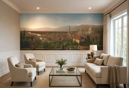 Vintage Florence cityscape wall mural above wainscoting with Duomo dome and stone terrace.