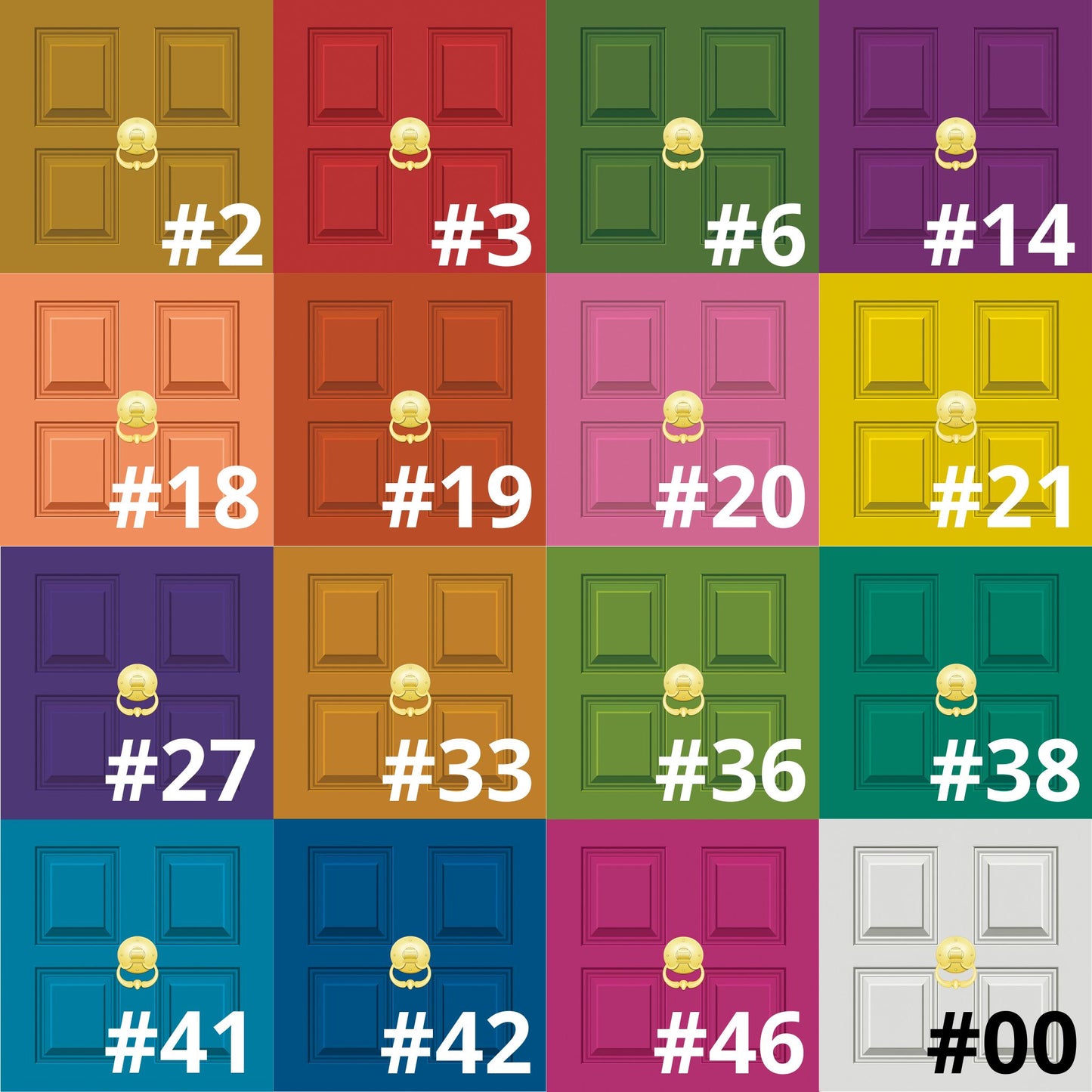 A grid of 16 door color samples, each labeled with a number from #00 to #46 in white text. The doors are shown in many different colors including yellow, red, green, purple, orange, pink, blue, and white, with a small gold doorknob illustration above each door.