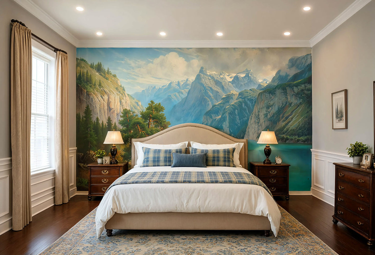 Panoramic alpine lake landscape wall mural featuring turquoise waters, towering majestic mountains, and pine trees.
