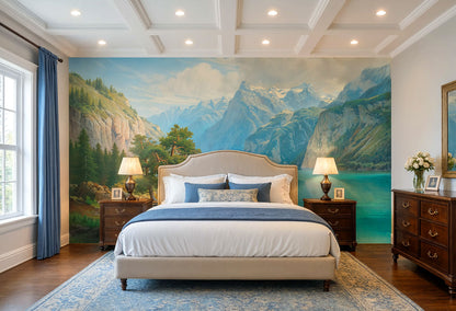 Traditional paste-the-wall non-woven vinyl landscape wallpaper installed on a modern master bedroom wall.