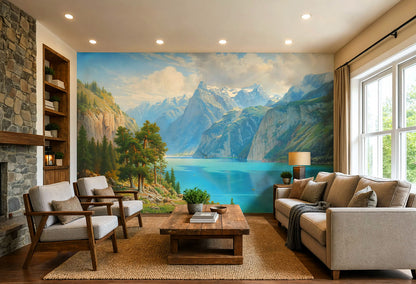Classic 19th-century artwork wallpaper mural displaying a sunny mountain fjord view for living room accent wall.