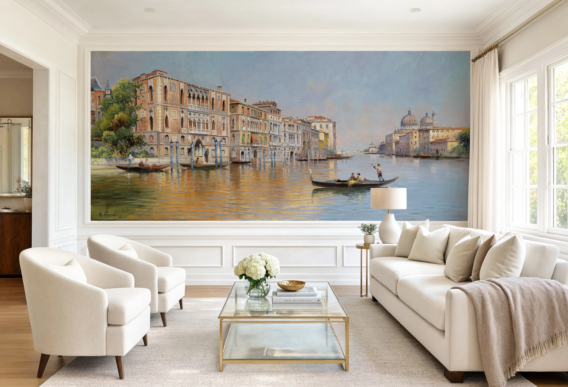 A classic 19th-century oil painting wall mural by E. Fossatti depicting the Venice Grand Canal with historic brick palaces, gondolas, and a distant church dome.