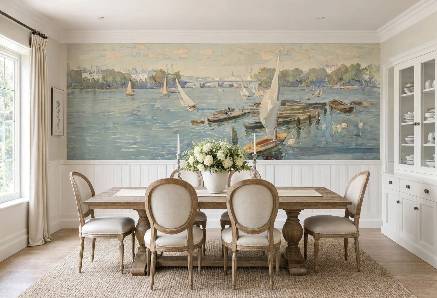 Panoramic maritime harbor wall mural above beadboard in a dining room. Coastal chic wallpaper.