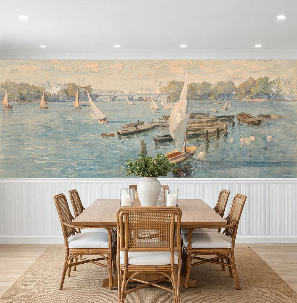 Vintage nautical harbor watercolor wallpaper. Beach house decor.
