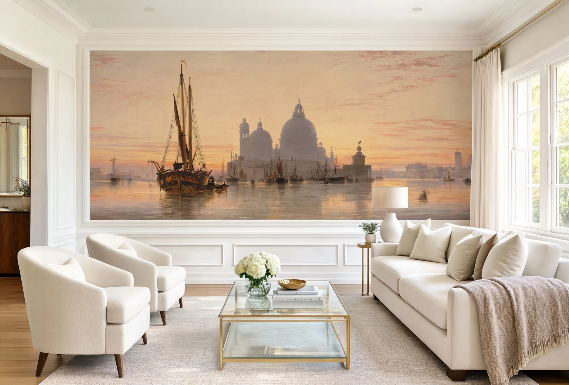 An 1851 oil painting wall mural by Edward William Cooke showing a warm golden sunset over the Venice lagoon with historic ships and a misty cathedral dome behind.