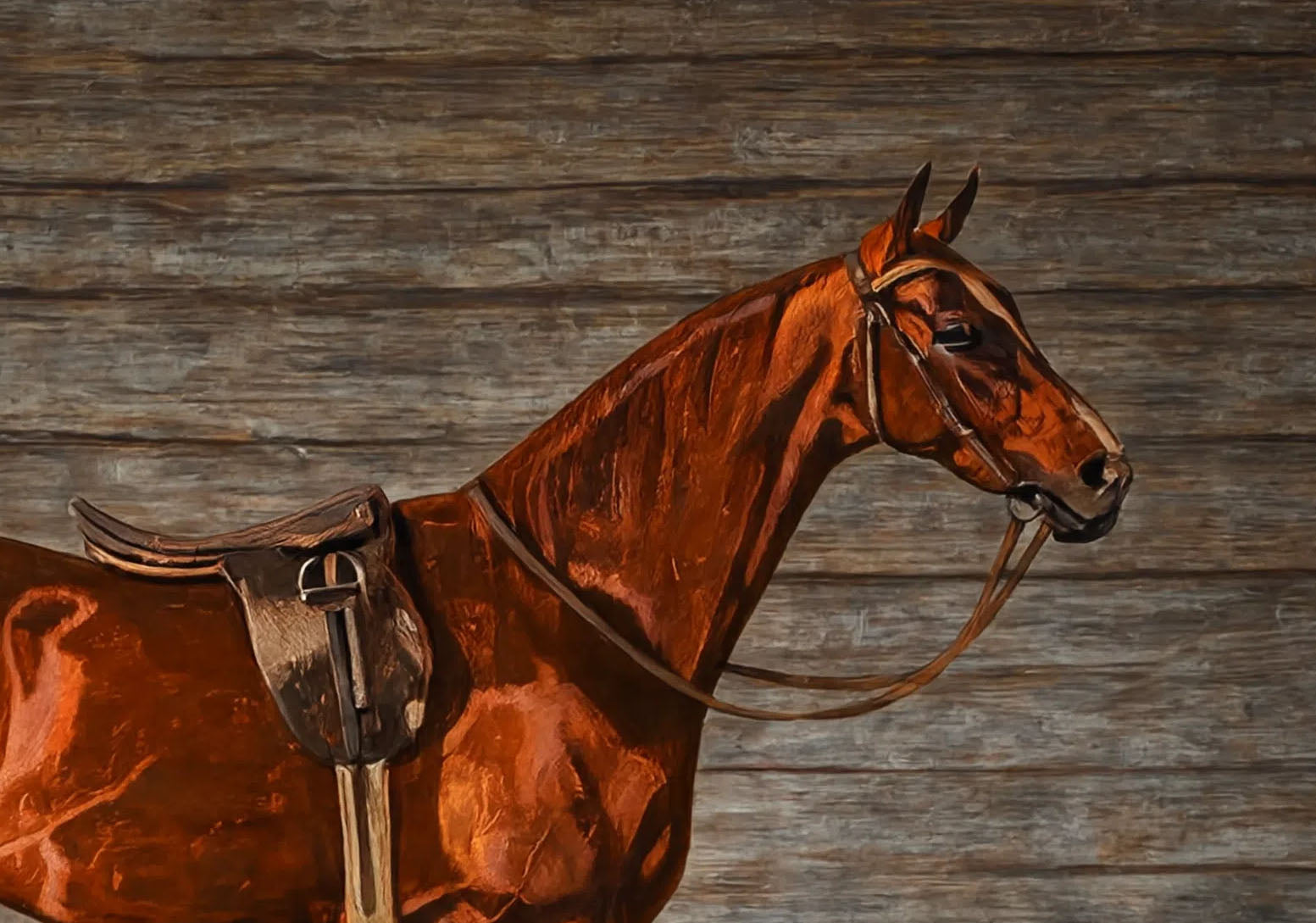 A painted portrait of a brown horse in side profile, wearing a bridle and saddle, set against a rustic weathered wood plank background.