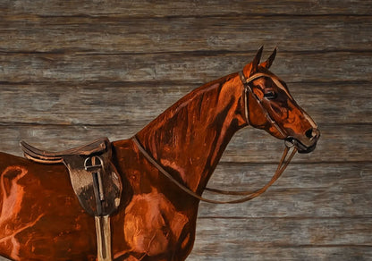 A painted portrait of a brown horse in side profile, wearing a bridle and saddle, set against a rustic weathered wood plank background.
