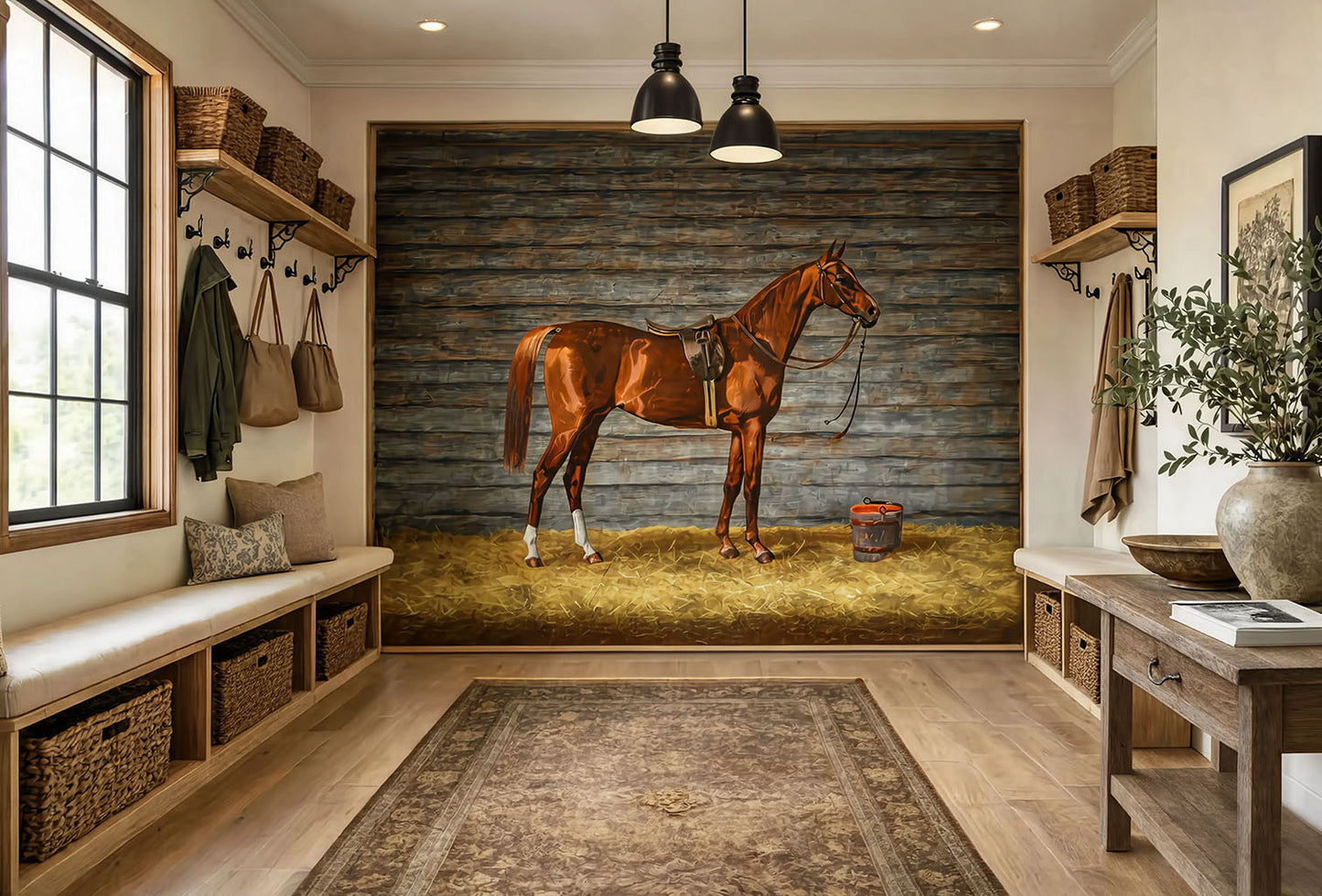 High-definition panoramic vintage wallpaper mural showing a graceful horse in a wooden barn with a bucket on the ground, installed in a luxury estate mudroom.