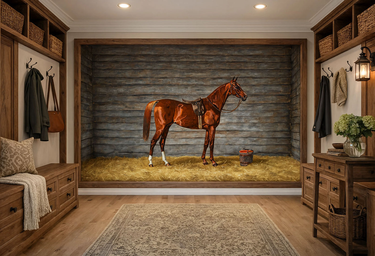 A 19th-century equestrian oil painting wall mural by Emil Volkers depicting a saddled brown bay horse standing inside a rustic wooden stable lined with straw.