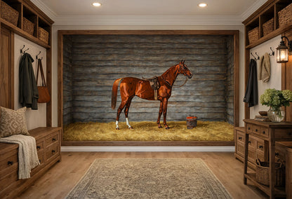 A 19th-century equestrian oil painting wall mural by Emil Volkers depicting a saddled brown bay horse standing inside a rustic wooden stable lined with straw.