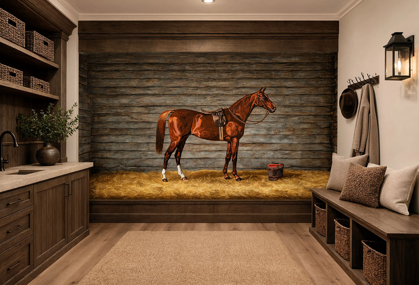 Classic horse oil painting print wallpaper on textured canvas vinyl, capturing realistic equestrian saddle details and a historic wood barn background.
