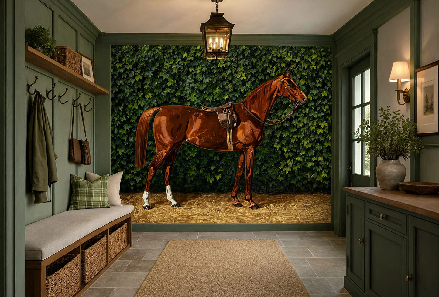 A 19th-century equestrian oil painting wall mural by Emil Volkers depicting a saddled brown bay horse standing in front of a dense green leaf hedge.