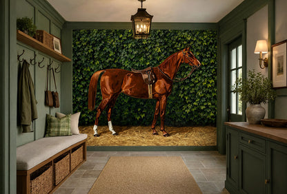 A 19th-century equestrian oil painting wall mural by Emil Volkers depicting a saddled brown bay horse standing in front of a dense green leaf hedge.