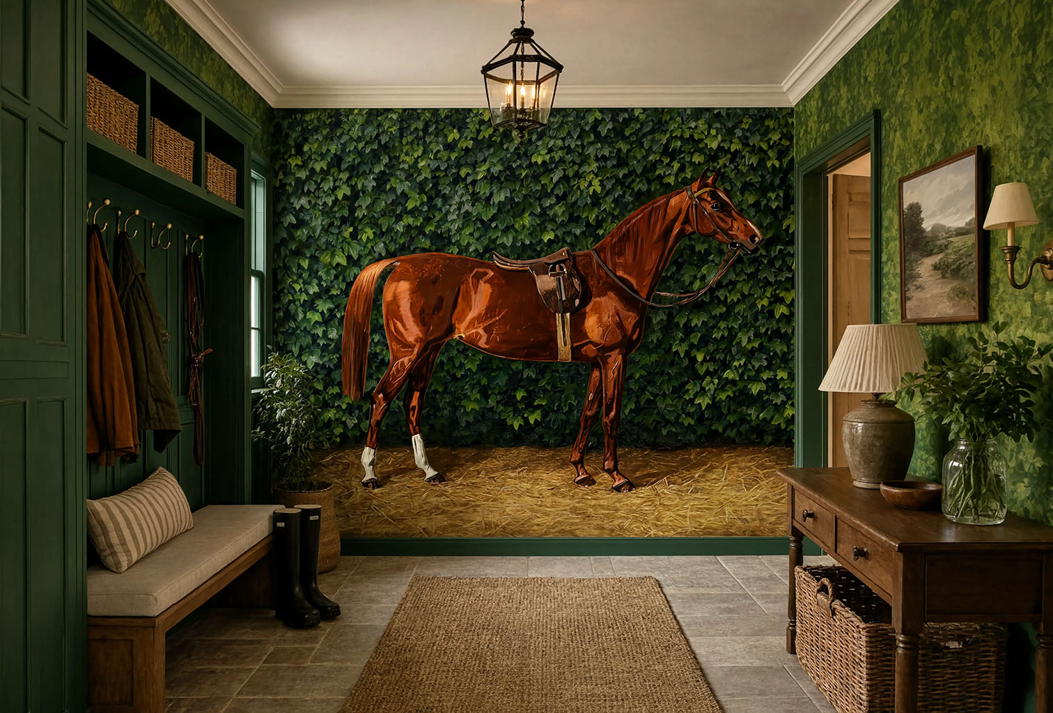 Classic oil painting print wallpaper on textured canvas vinyl, capturing a thoroughbred horse with fine leather saddle detail and rich botanical greenery.