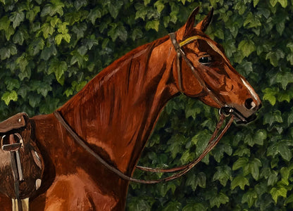 A painted portrait of a brown horse in profile wearing a bridle, set against a dense background of green leaves.
