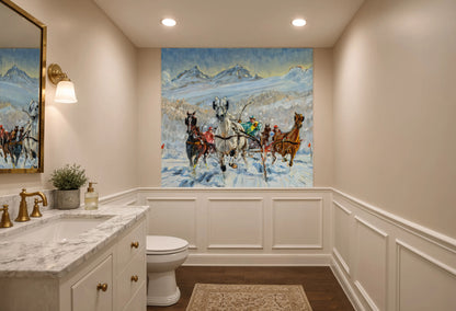 A winter horse racing oil painting wall mural by Franz Hienl-Merre showing jockeys driving sleighs with a white horse in the center against snow-capped peaks.
