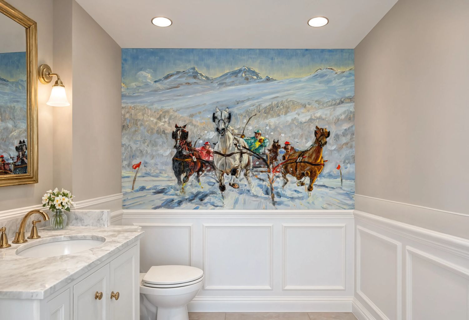 🏆 Bring the energy of an elite equestrian winter trophy race to your home bar accent wall with a classic oil painting backdrop. Simple DIY panel install! 🎨