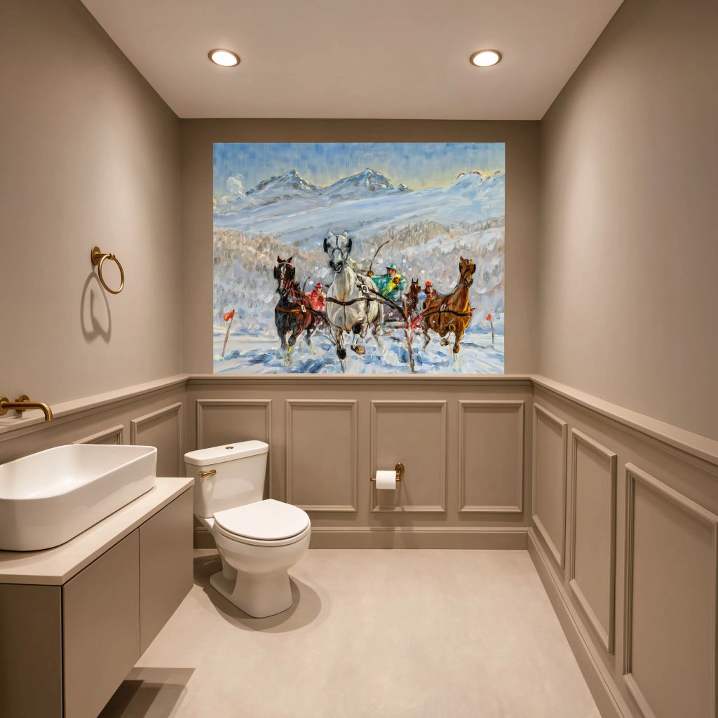 ❄️ Premium full-wall wallpaper featuring jockeys and horses racing through snow beneath sunny alpine peaks. High-quality non-woven murals for luxury game rooms. ✨