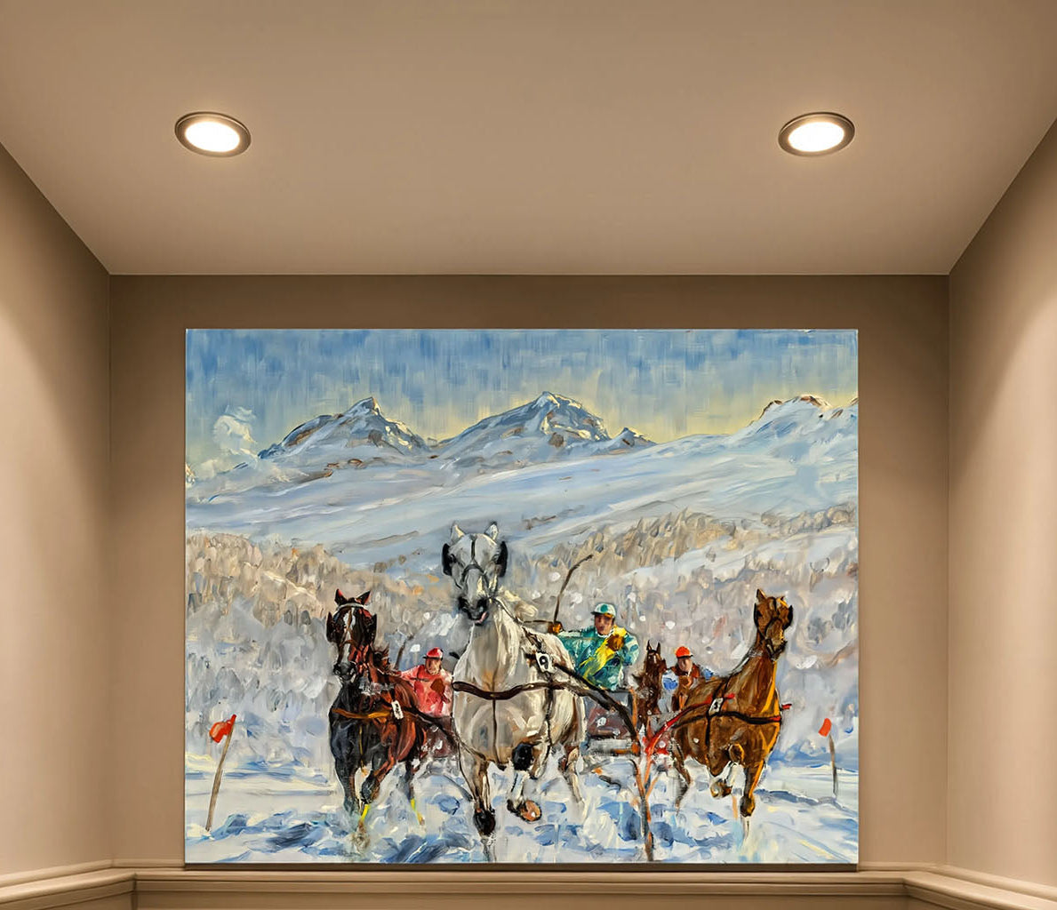 Large panoramic vintage wallpaper mural of an alpine horse race in the snow, styled on an accent wall behind a couch in a mountain resort chalet living room.