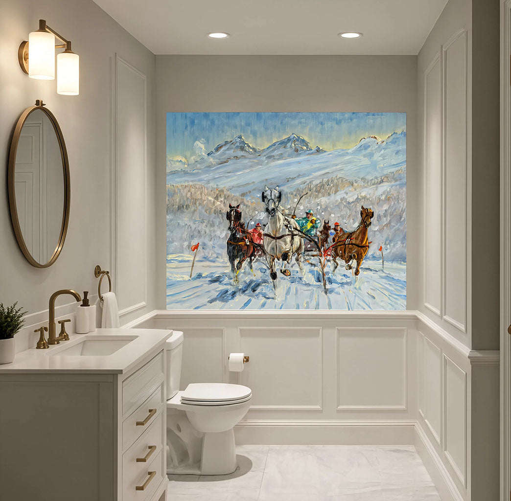 Classic equestrian sports fine art print on textured vinyl non-woven material, capturing realistic horse dynamic motion, deep snow tracks, and sunny mountains.