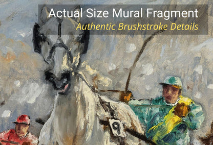 A painted mural fragment showing a horse and jockey, with overlaid text reading 'Actual Size Mural Fragment' and 'Authentic Brushstroke Details.' This is not a clean product photo of a physical object in a studio, and the depicted artwork itself appears to be the item being sold, so Scenery fits better than Product/Packaging or Lifestyle.